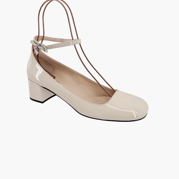 Prada Decolette Triangle Logo Mary Jane Pumps Size 40 US 10 Beige White Low Heel - Picture 10 of 14